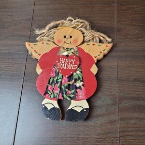Vintage 1990's Happy Holidays wooden angel wall hanging picture